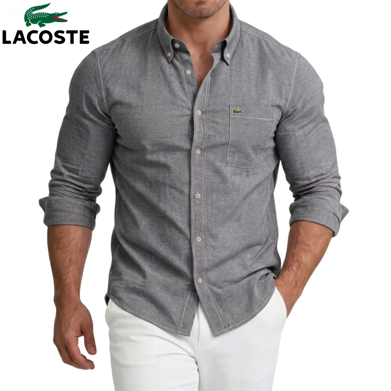 Lacoste – Chemise homme avec poche poitrine et manches longues | 1 acheté = 1 offert